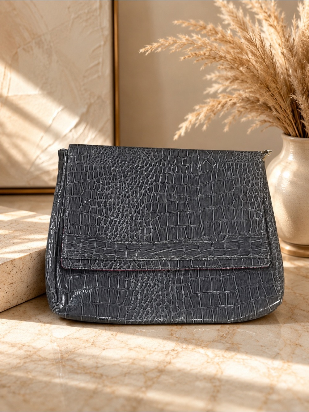 Vince Camuto Structured Croc-Textured Bag — Charcoal Gray